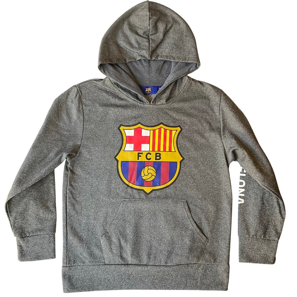 FCB Kid’s Sweatshirt size M Long Sleeve Hoodie Fleece Fan Club Barcelona Gray